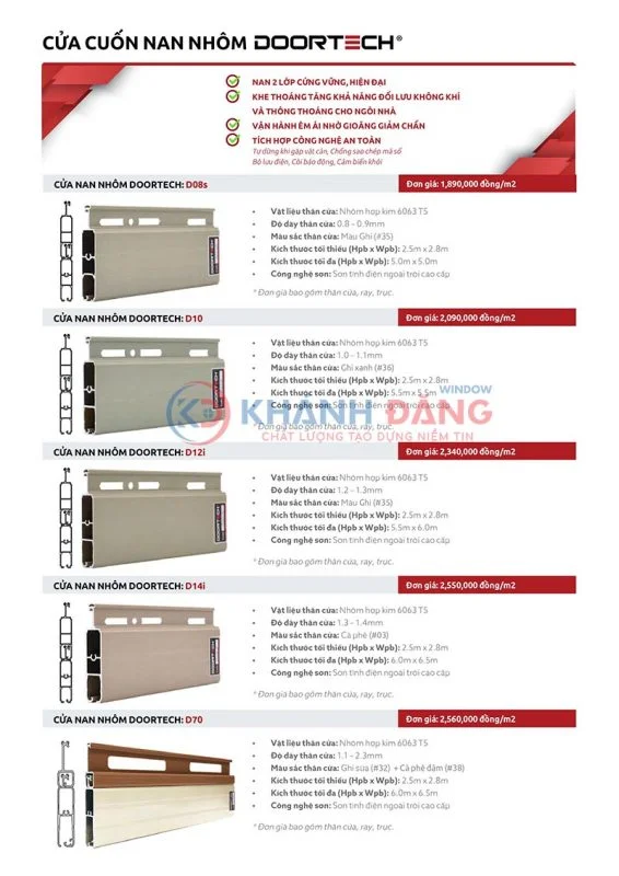 Bảng giá cửa cuốn nan nhôm Doortech