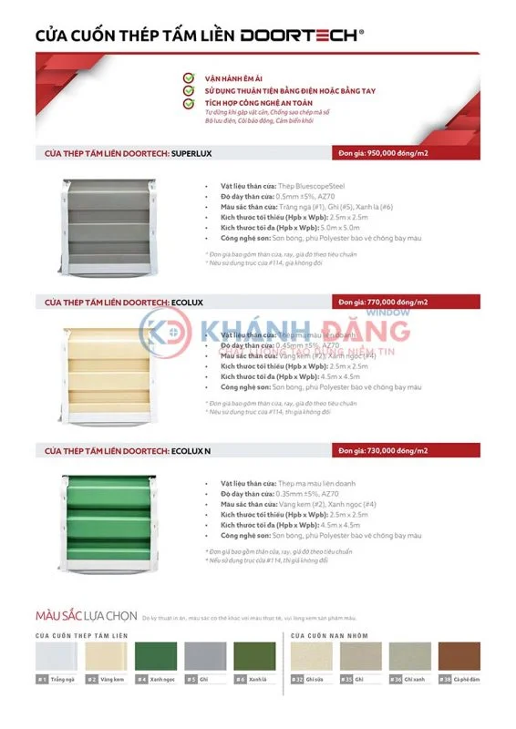Bảng giá cửa cuốn tấm liền Doortech