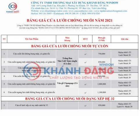 Bảng giá lắp đặt cửa lưới chống muỗi