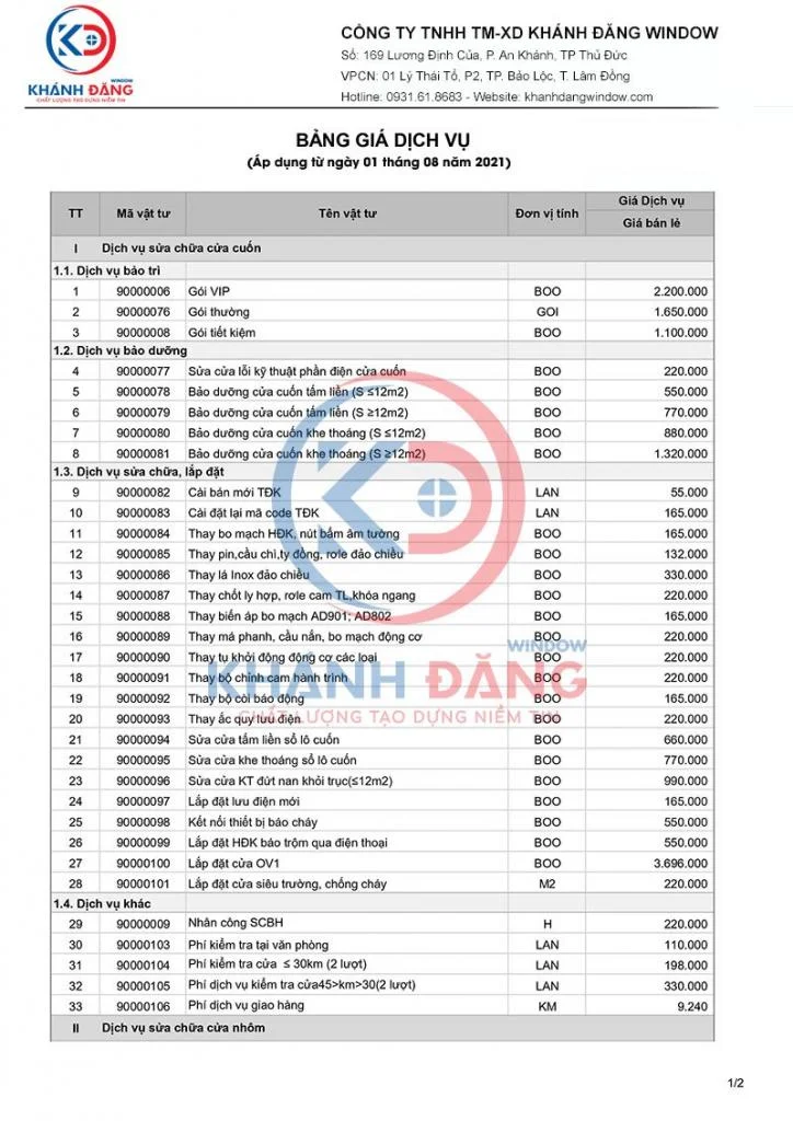 Bảng giá sửa chữa cửa cuốn Lâm Đồng