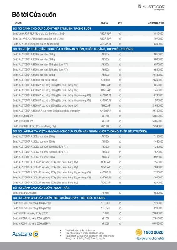 Bảng giá bộ tời cửa cuốn austdoor 2022