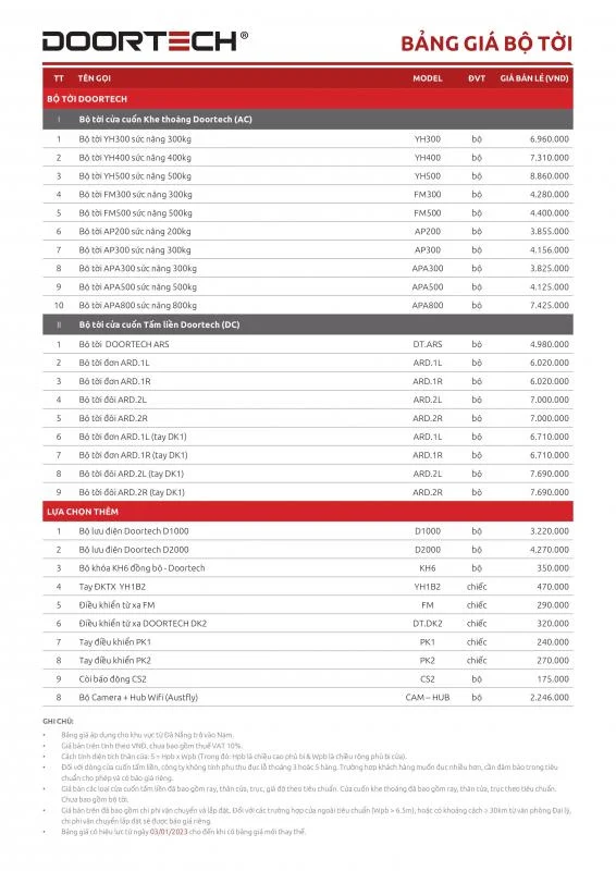 Bảng Giá Phụ Kiện Cửa Cuốn Doortech 2023